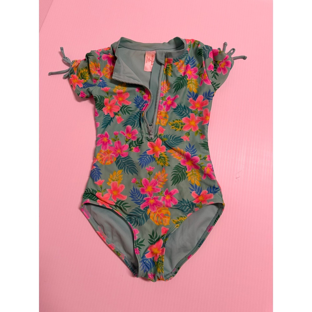 Cat & Jack Girls Tropical Floral Rash Guard One Piece Swimsuit Teal Pink S 6/6X